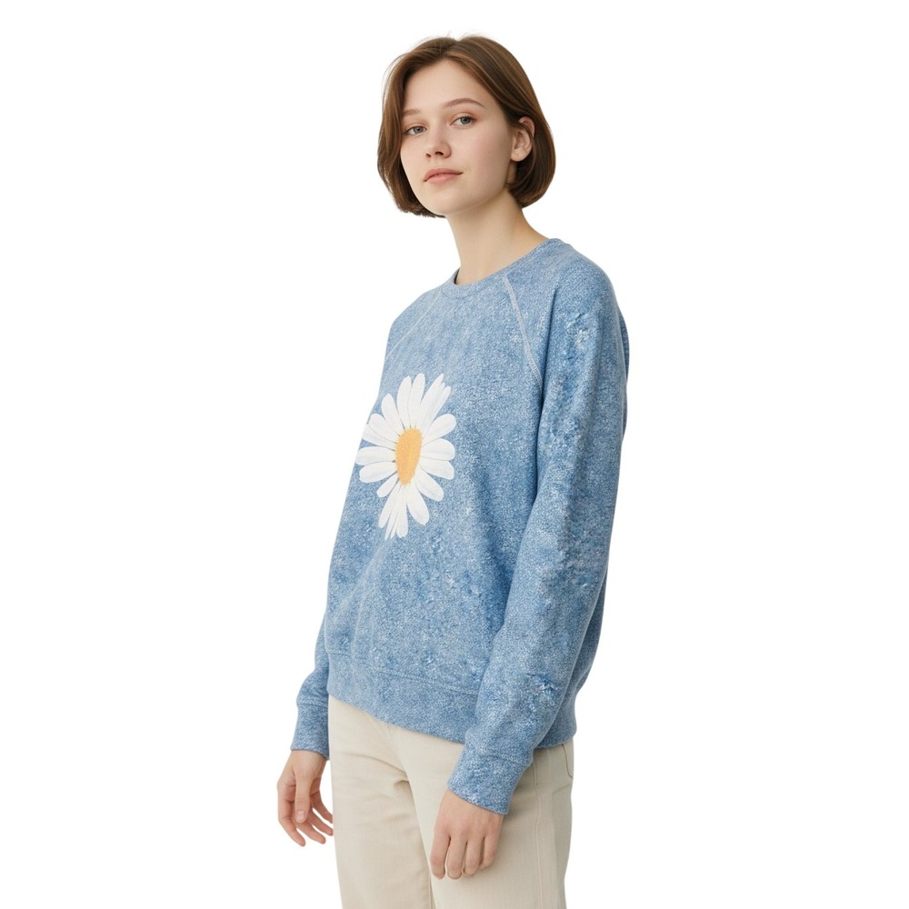 Sheilay Daisy Graphic Sweatshirt Blue Acid Wash Raglan Pullover XL